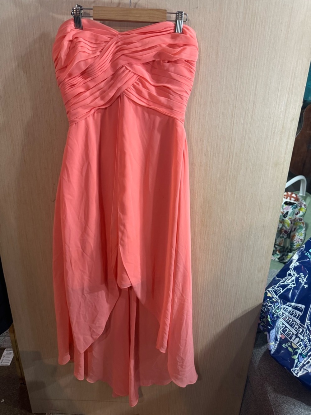 David's Bridal Coral Strapless Dress with Ruched Bodice Size 8